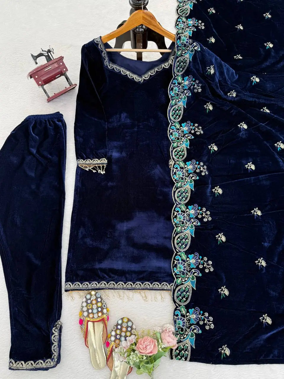 Velvet Embroidered Suit Set with Velvet Dupatta