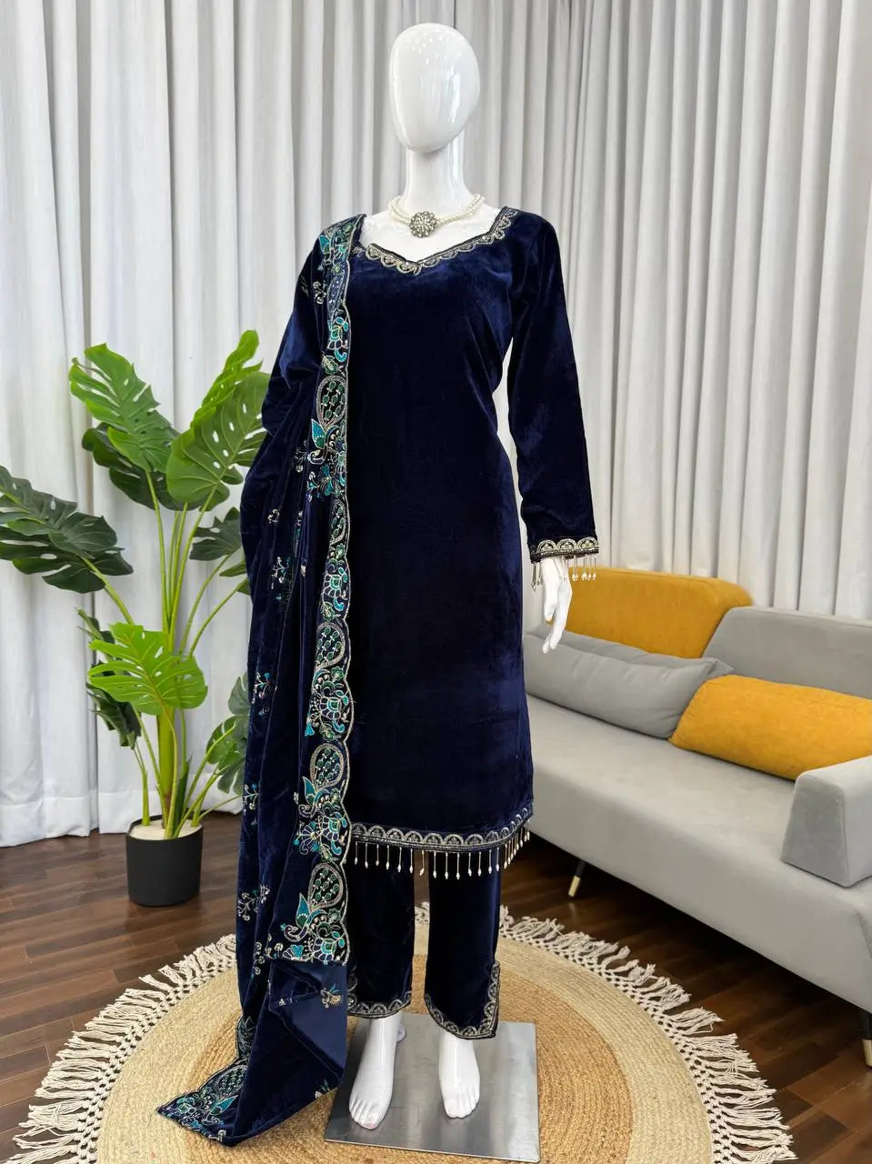 Velvet Embroidered Suit Set with Velvet Dupatta