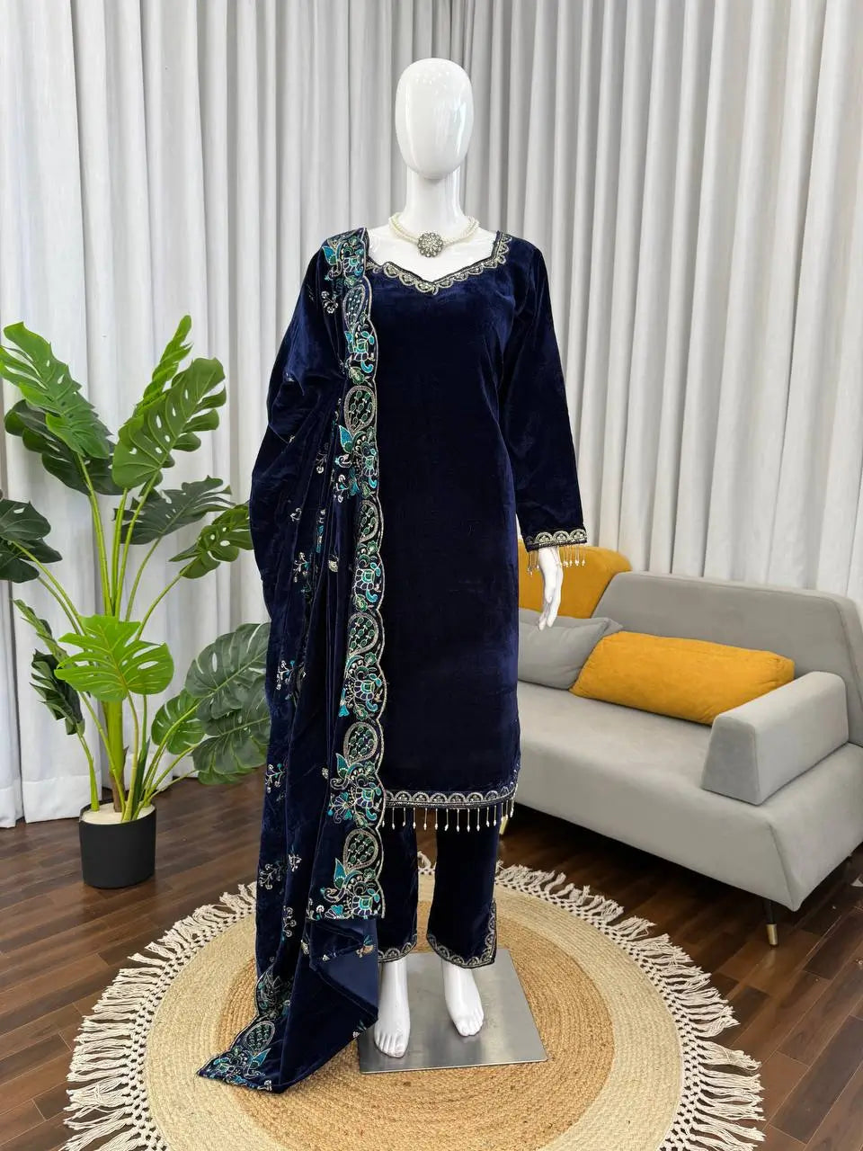 Velvet Embroidered Suit Set with Velvet Dupatta