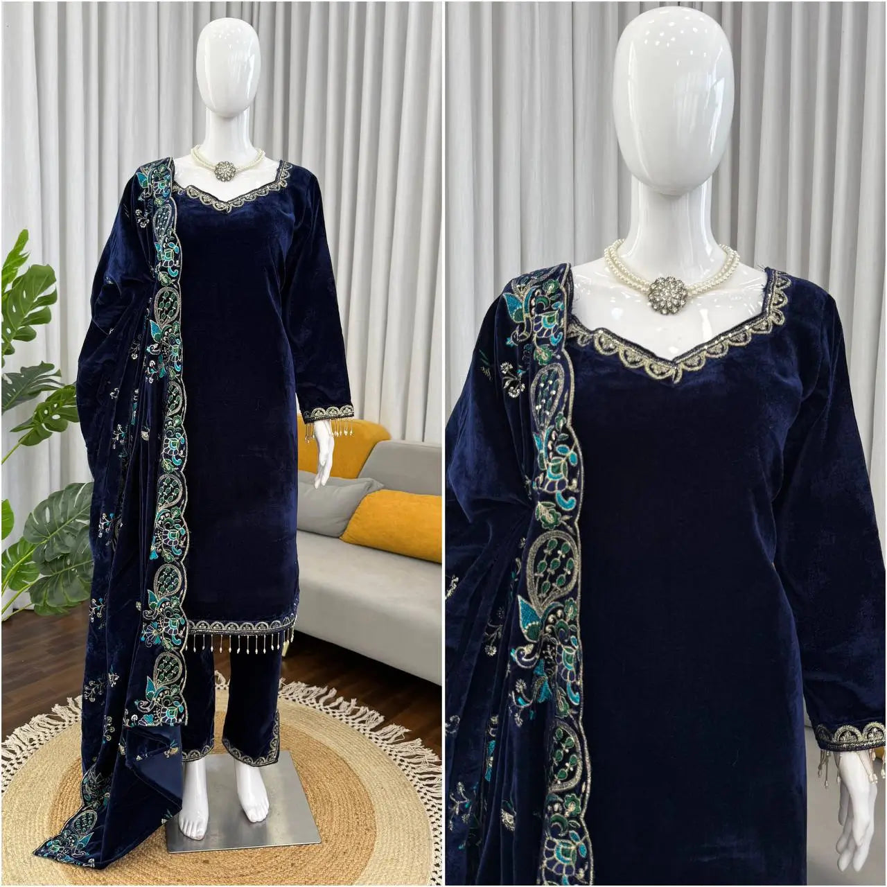Velvet Embroidered Suit Set with Velvet Dupatta
