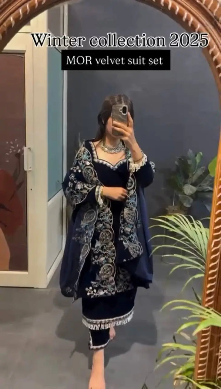 Velvet Embroidered Suit Set with Velvet Dupatta