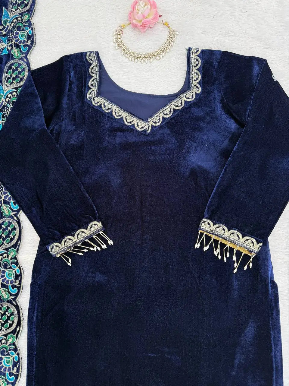Velvet Embroidered Suit Set with Velvet Dupatta