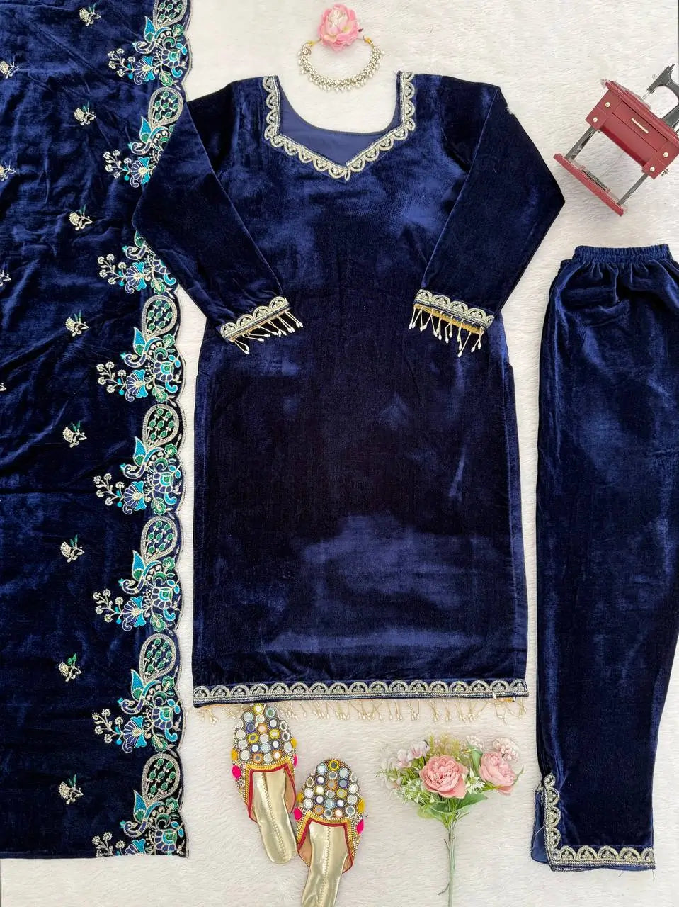 Velvet Embroidered Suit Set with Velvet Dupatta