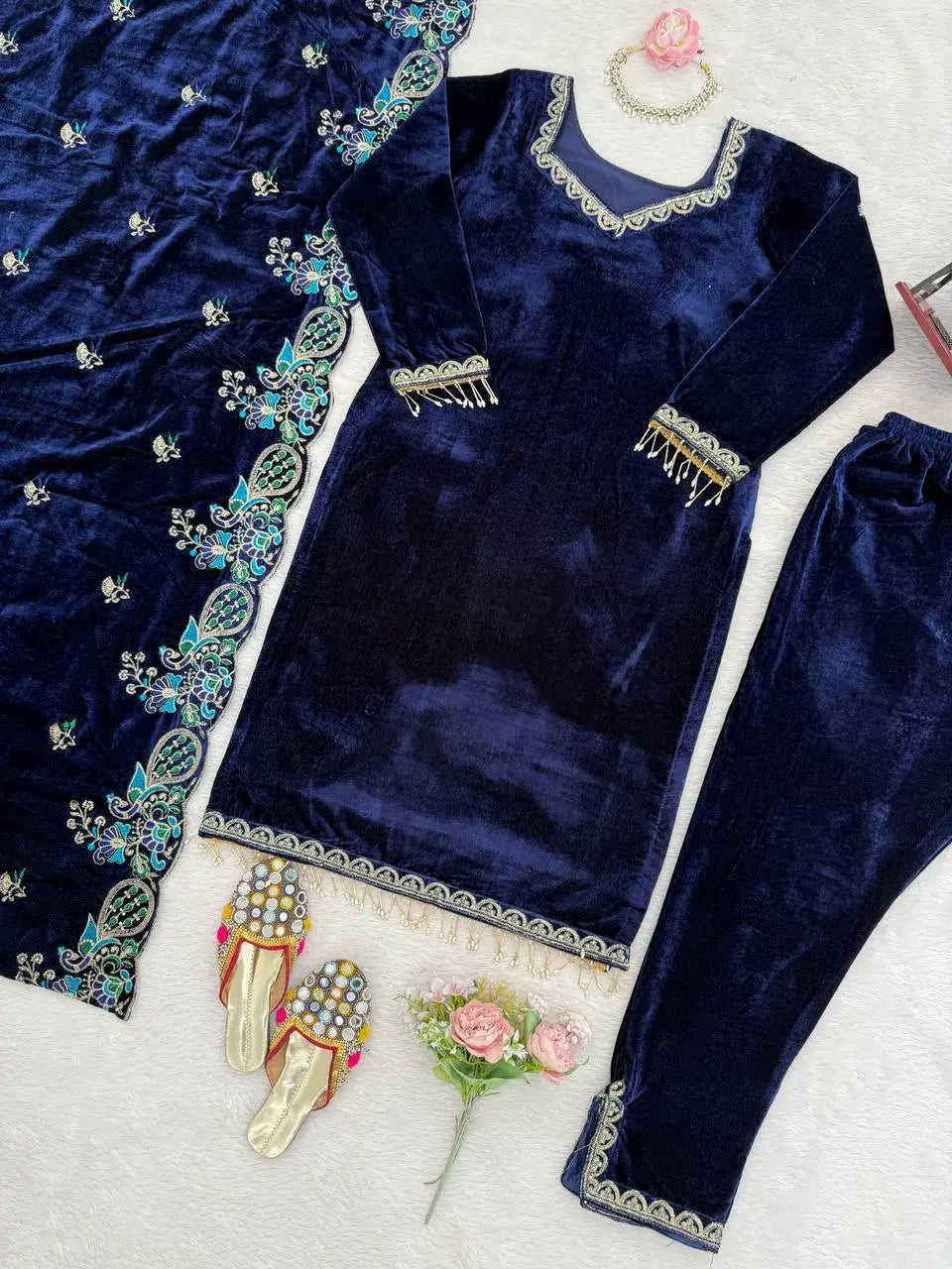 Velvet Embroidered Suit Set with Velvet Dupatta
