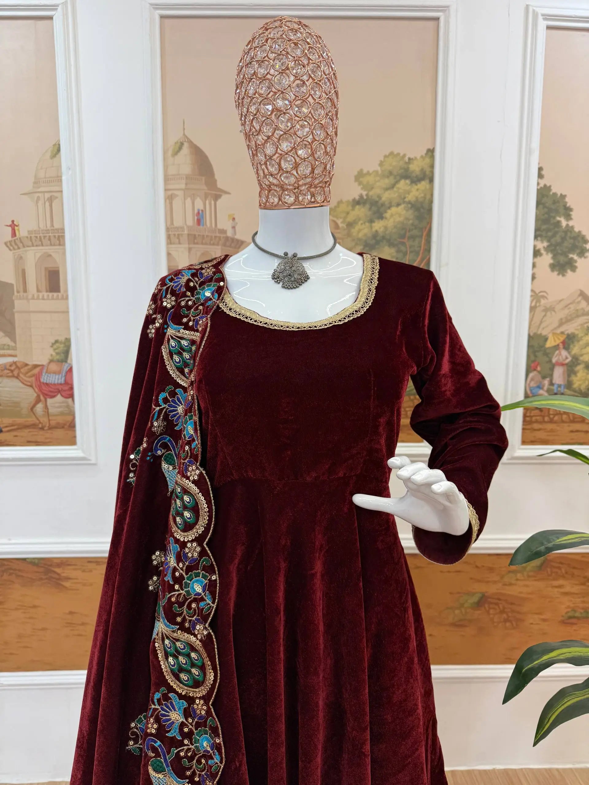 Velvet Kurta Pant Set With Embroidered Dupatta