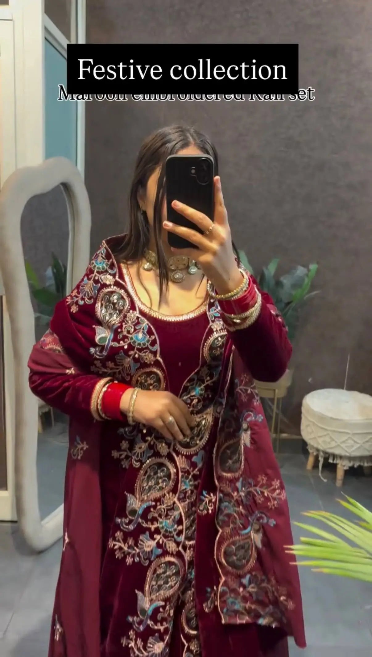 Velvet Kurta Pant Set With Embroidered Dupatta