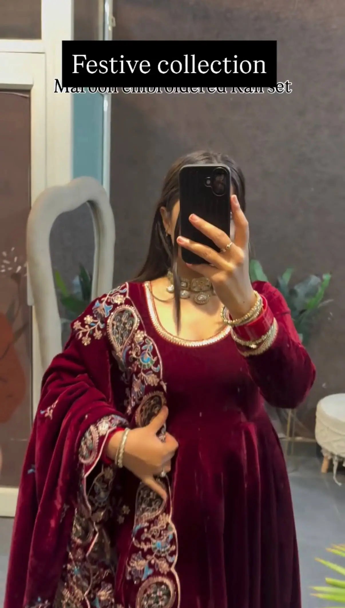 Velvet Kurta Pant Set With Embroidered Dupatta