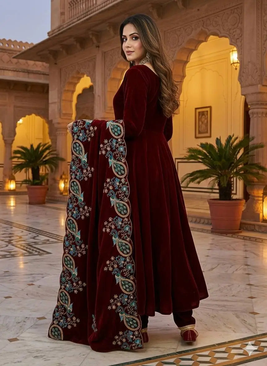 Velvet Kurta Pant Set With Embroidered Dupatta