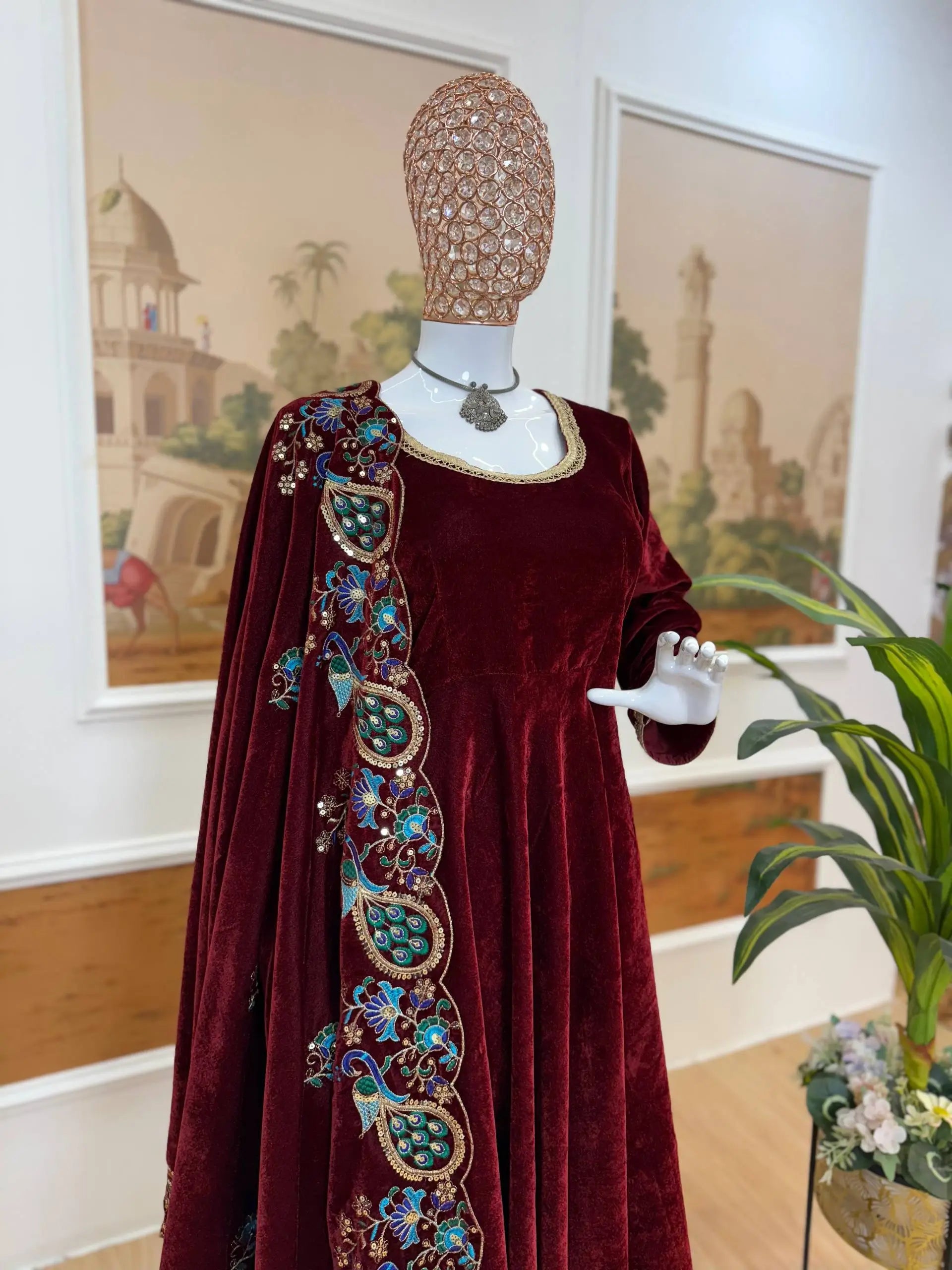 Velvet Kurta Pant Set With Embroidered Dupatta