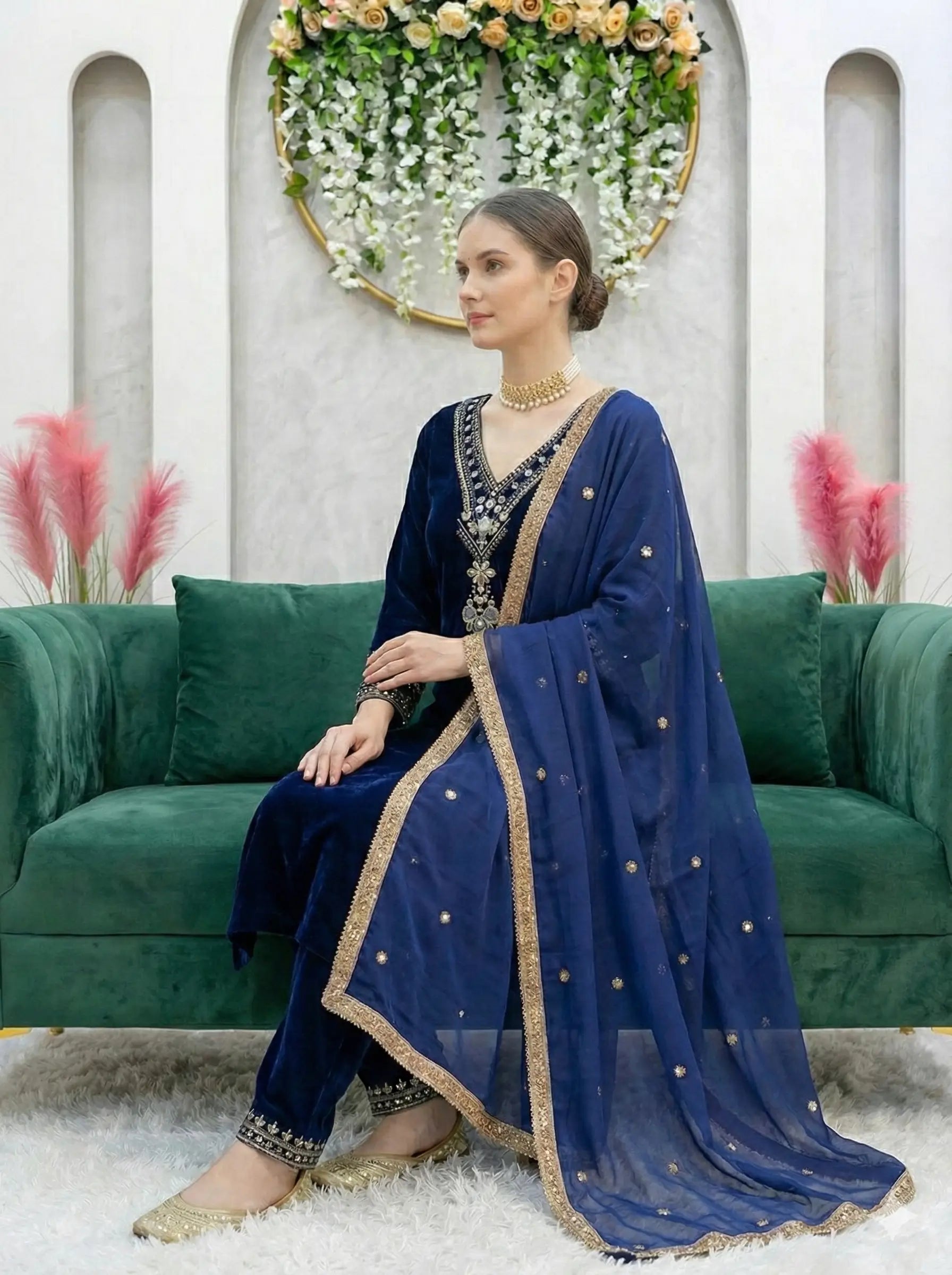 Velvet Mirror Work Designer Suit Set