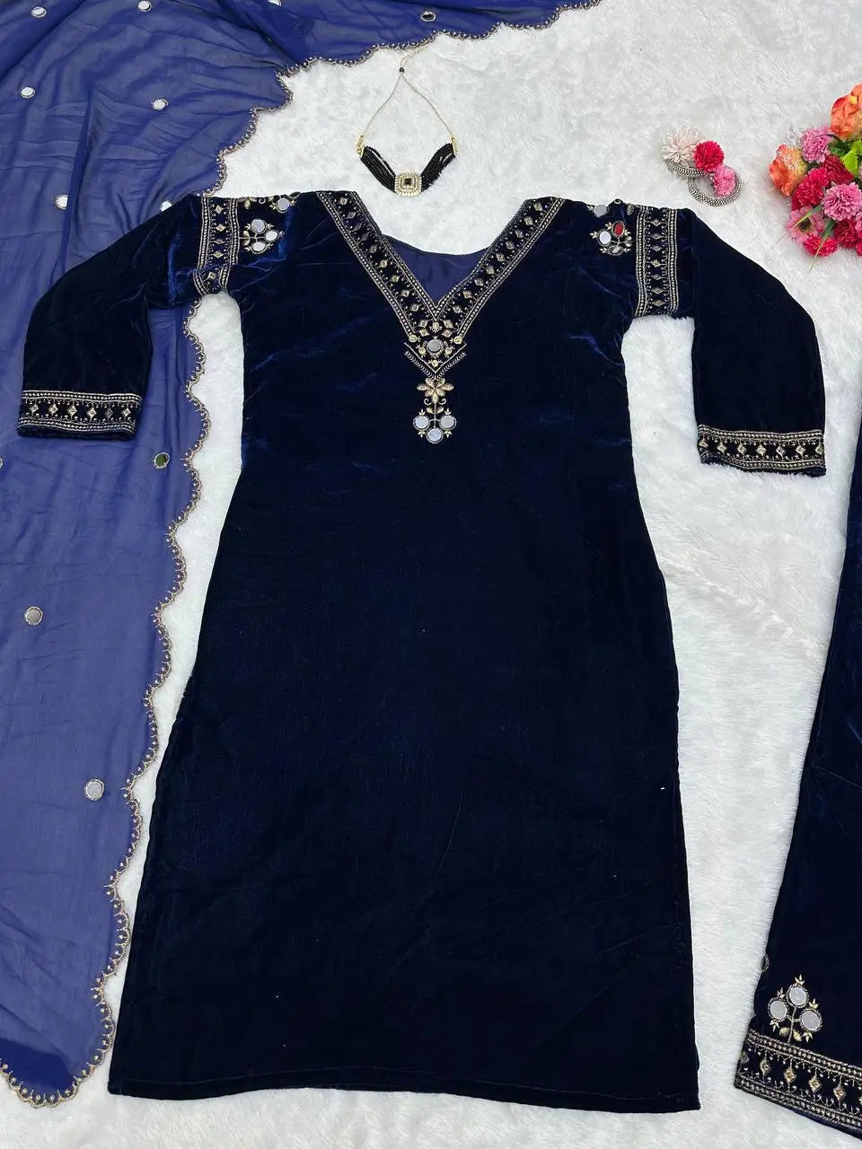 Velvet Mirror Work Designer Suit Set