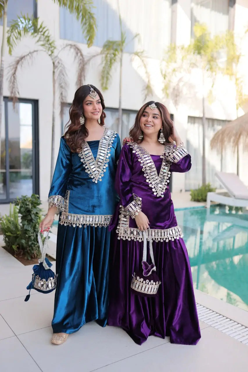 Velvet Mirror Work Kurta Palazzo Set with Batwa