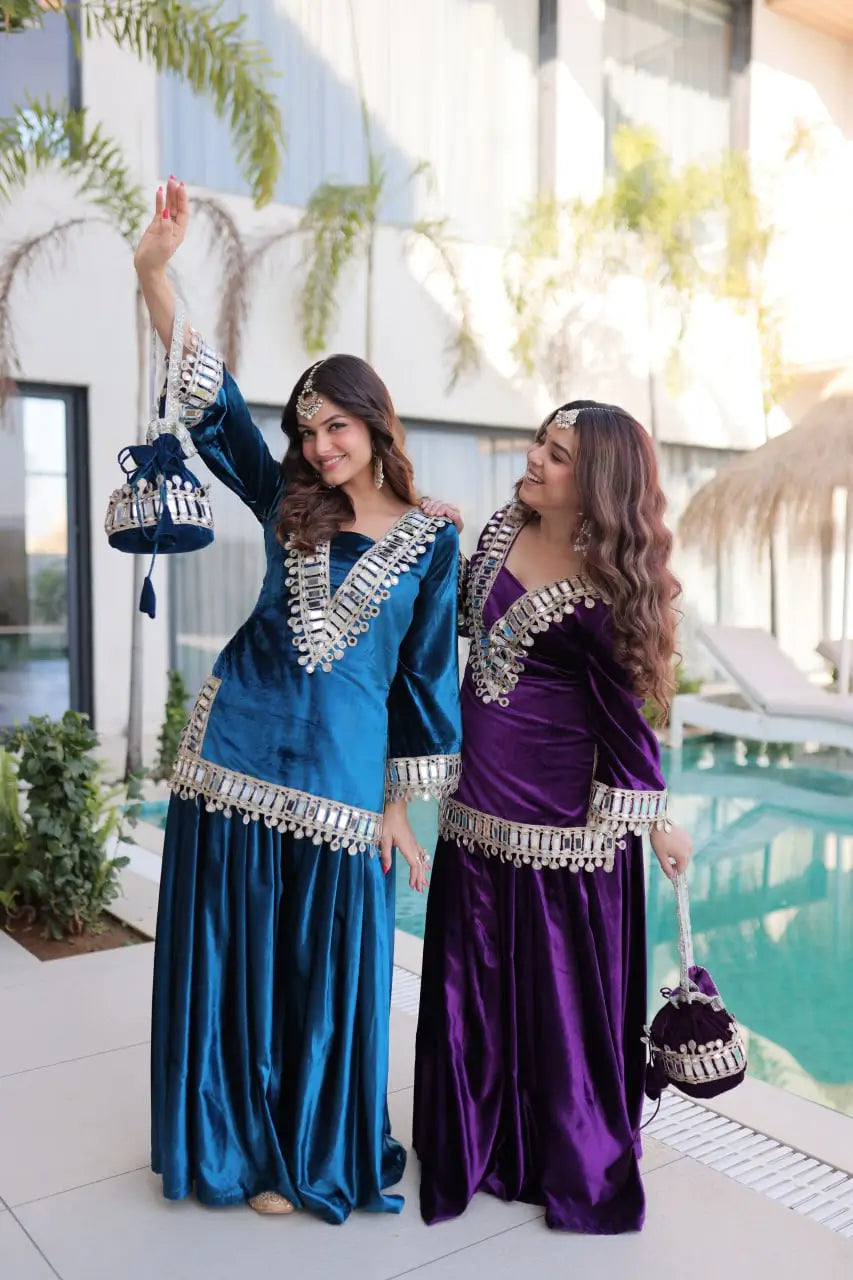 Velvet Mirror Work Kurta Palazzo Set with Batwa