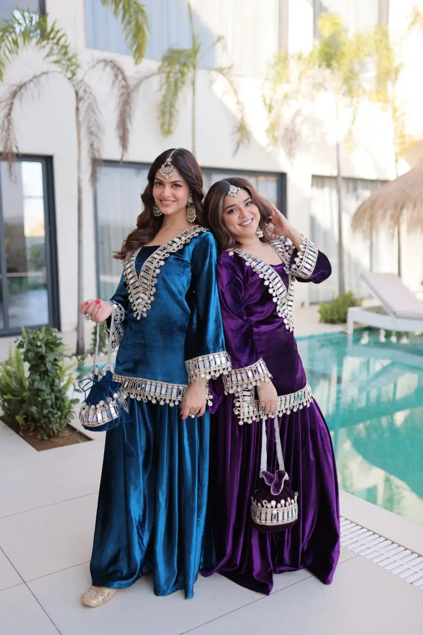 Velvet Mirror Work Kurta Palazzo Set with Batwa