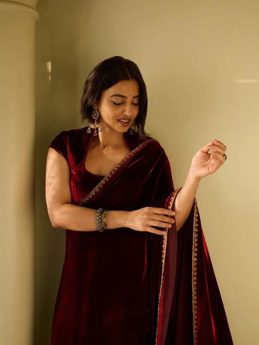 Velvet Saree with Dual Sequins Embroidered Border