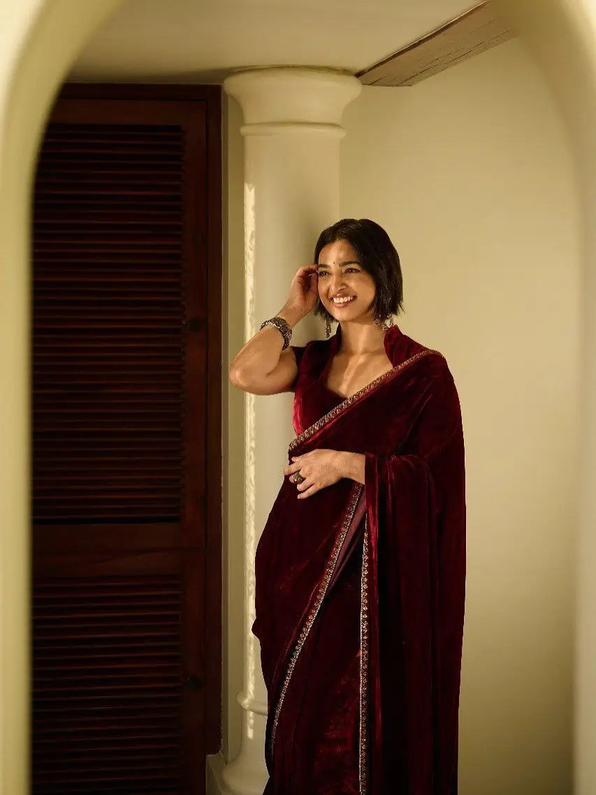 Velvet Saree with Dual Sequins Embroidered Border