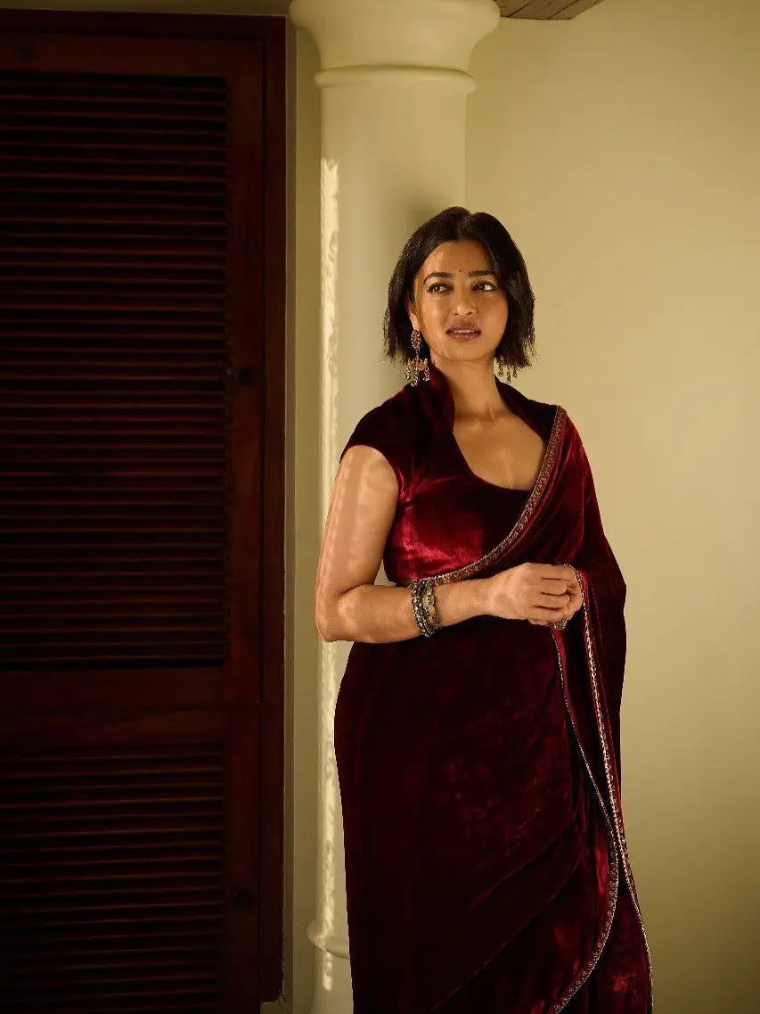 Velvet Saree with Dual Sequins Embroidered Border