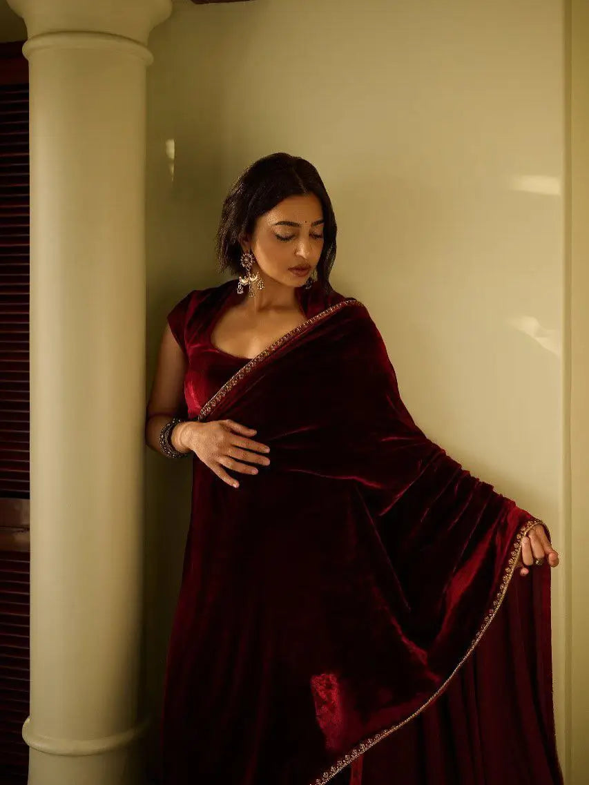 Velvet Saree with Dual Sequins Embroidered Border