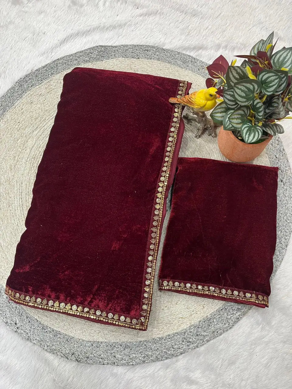 Velvet Saree with Dual Sequins Embroidered Border