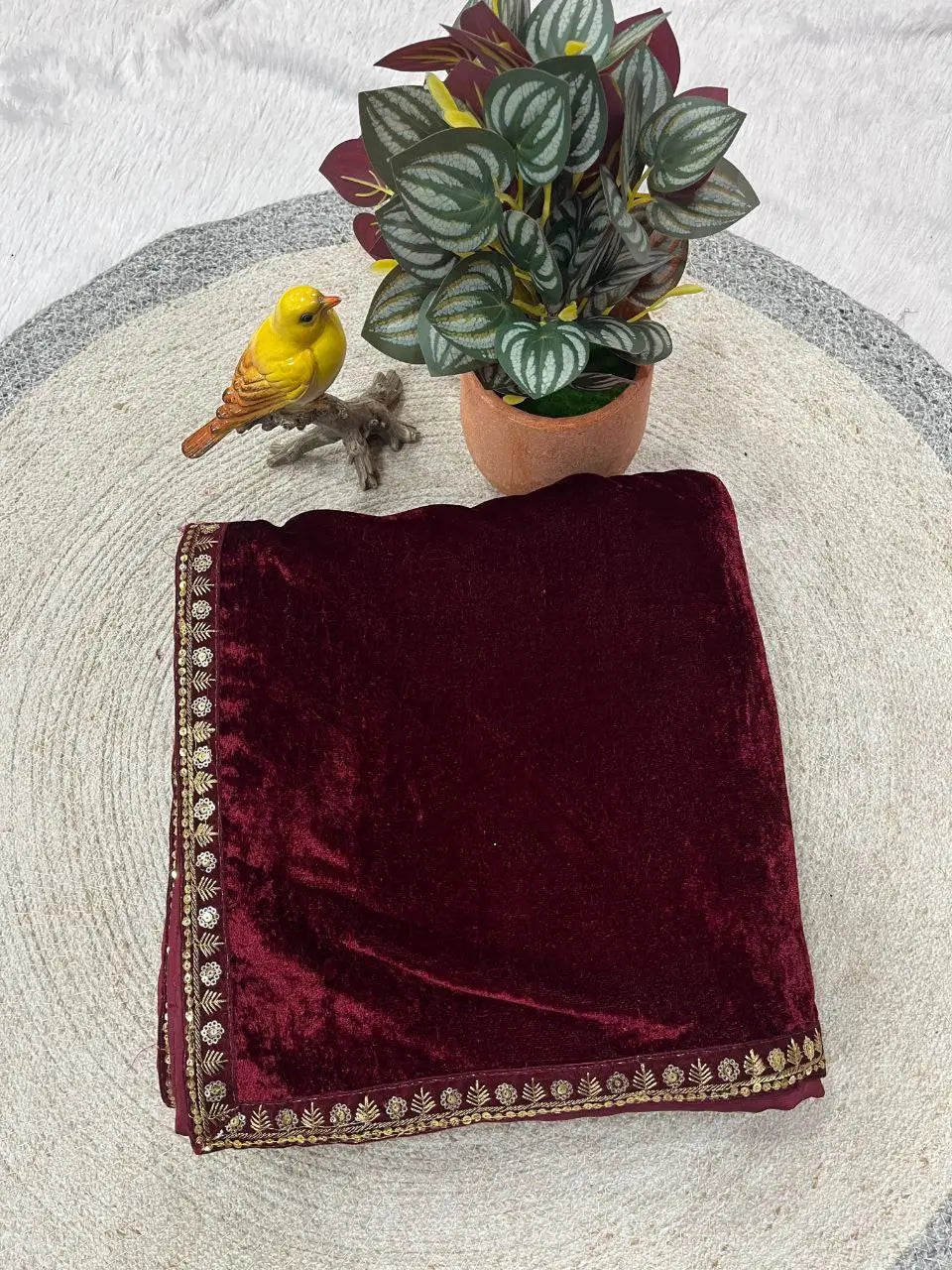 Velvet Saree with Dual Sequins Embroidered Border