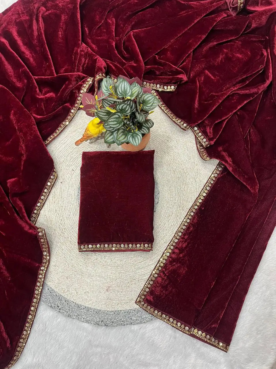 Velvet Saree with Dual Sequins Embroidered Border