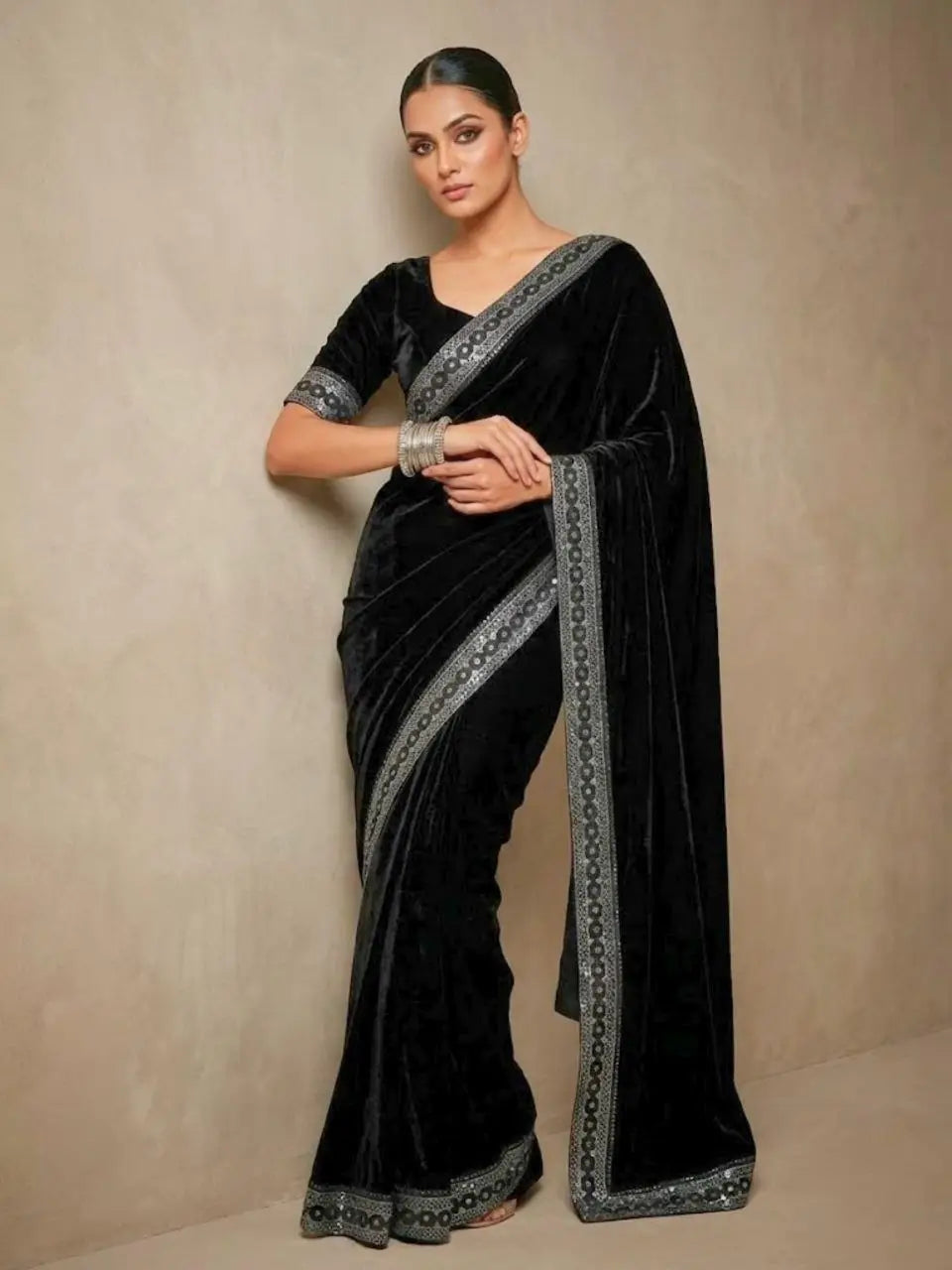 Velvet Saree with Dual Sequins Embroidered Border