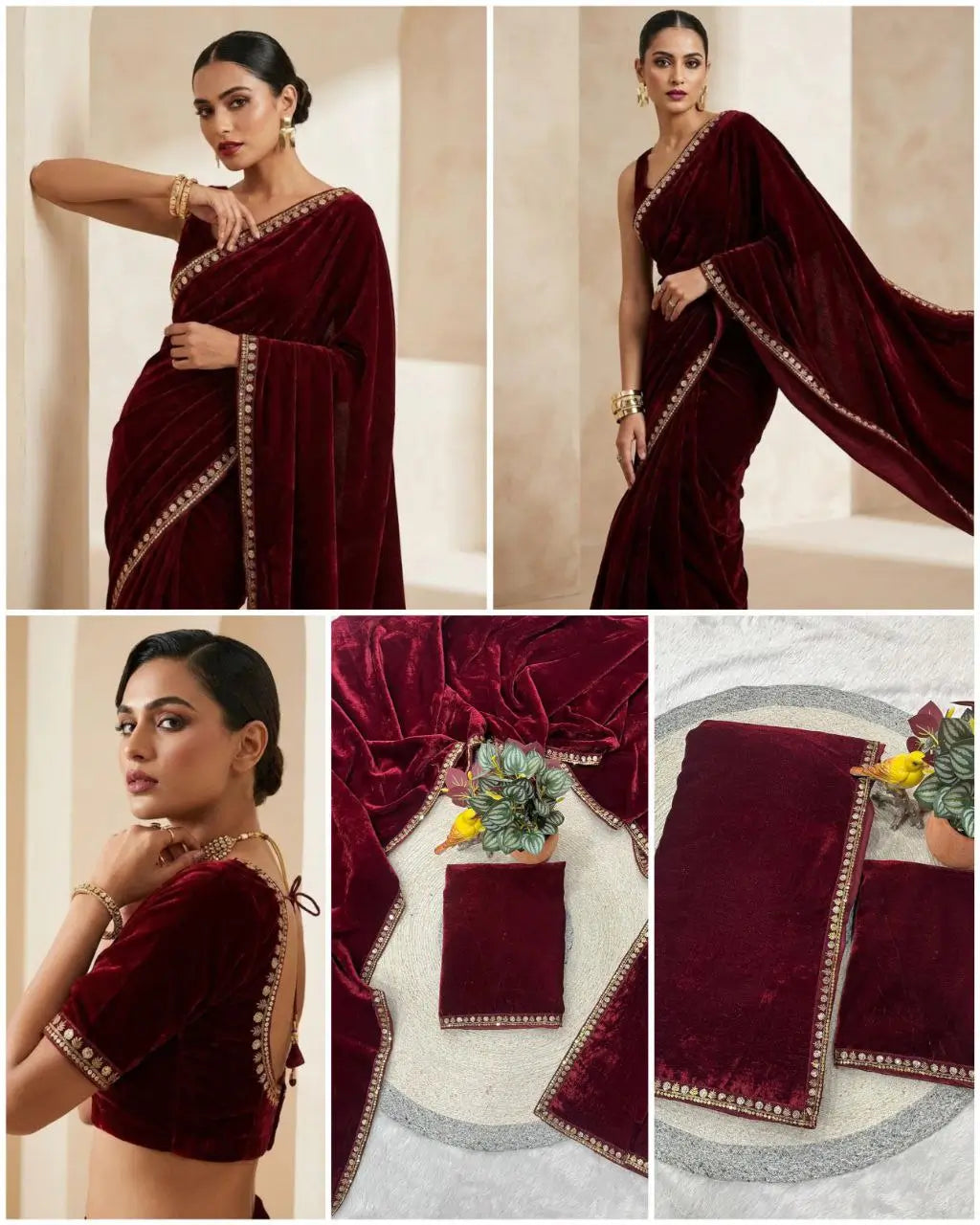 Velvet Saree with Dual Sequins Embroidered Border
