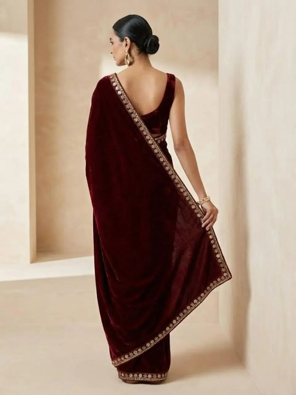 Velvet Saree with Dual Sequins Embroidered Border