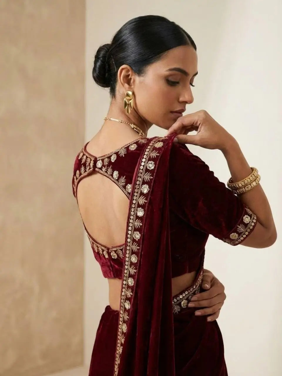 Velvet Saree with Dual Sequins Embroidered Border