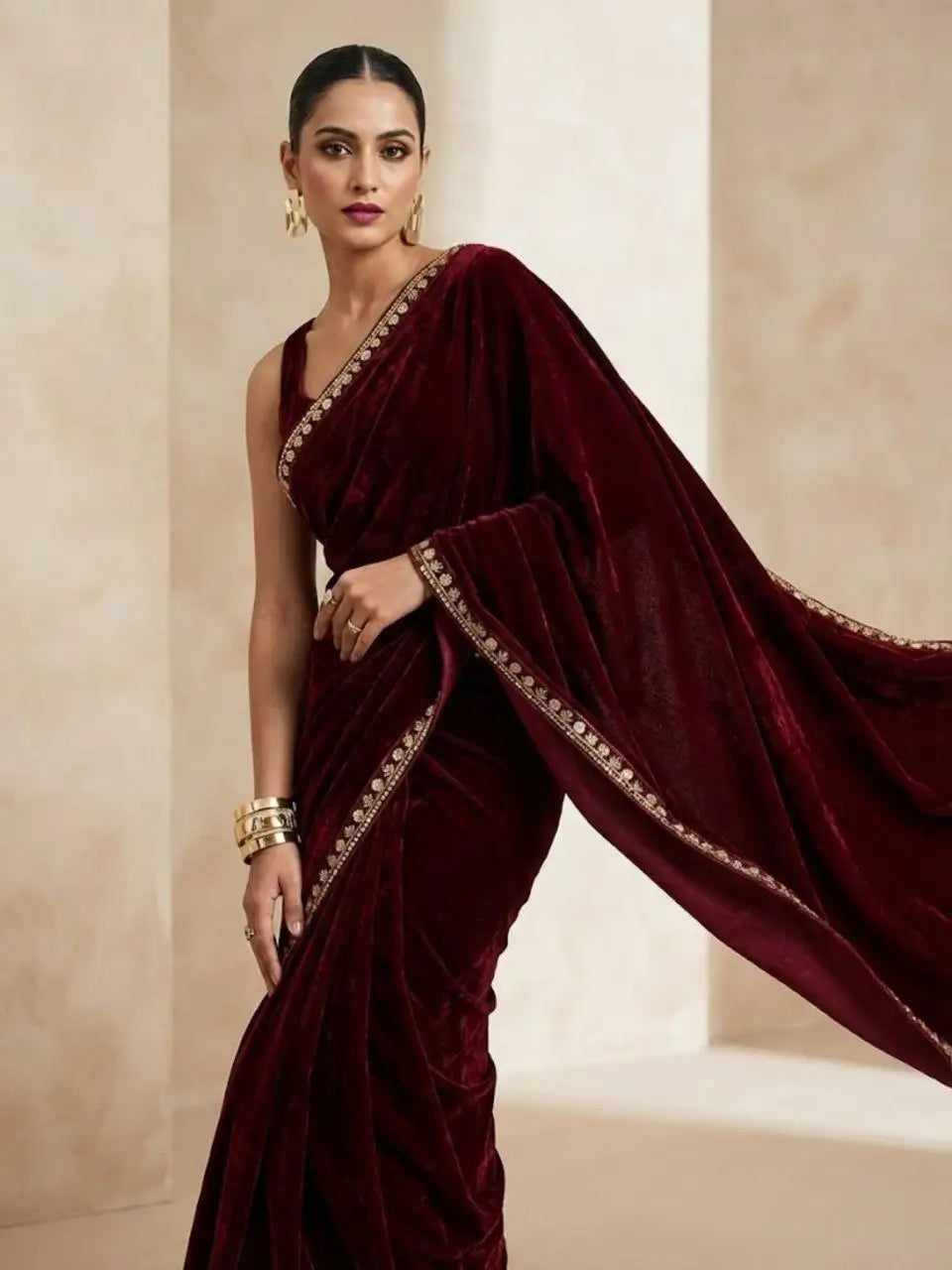 Velvet Saree with Dual Sequins Embroidered Border