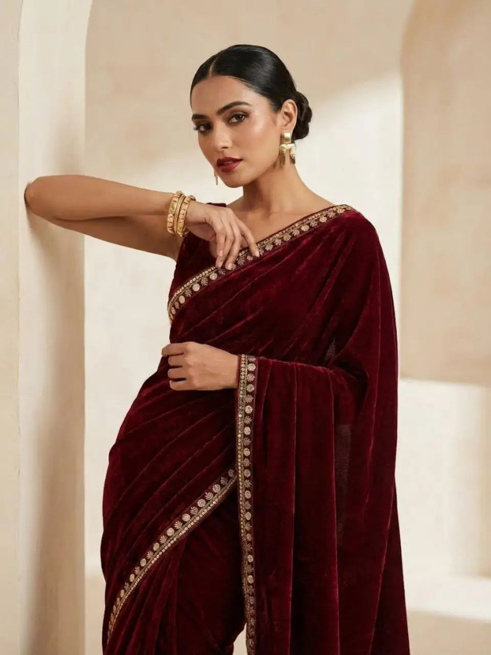 Velvet Saree with Dual Sequins Embroidered Border