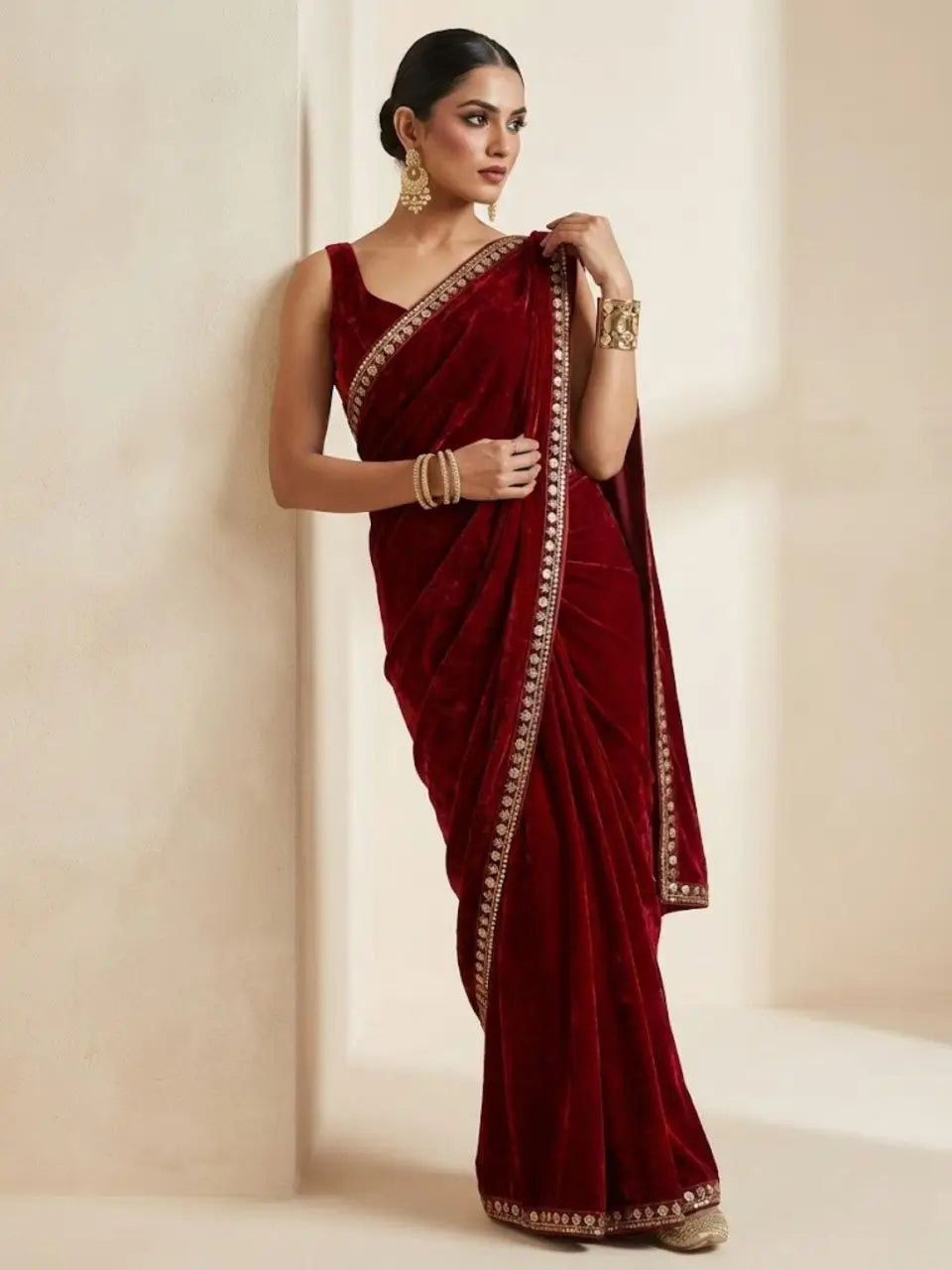 Velvet Saree with Dual Sequins Embroidered Border