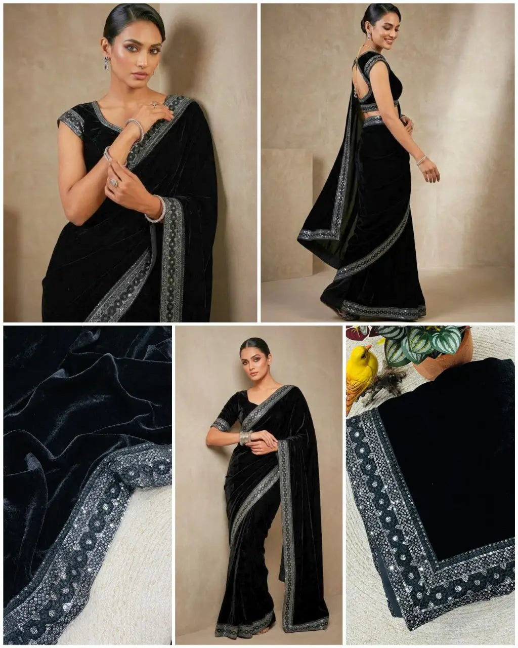 Velvet Saree with Dual Sequins Embroidered Border