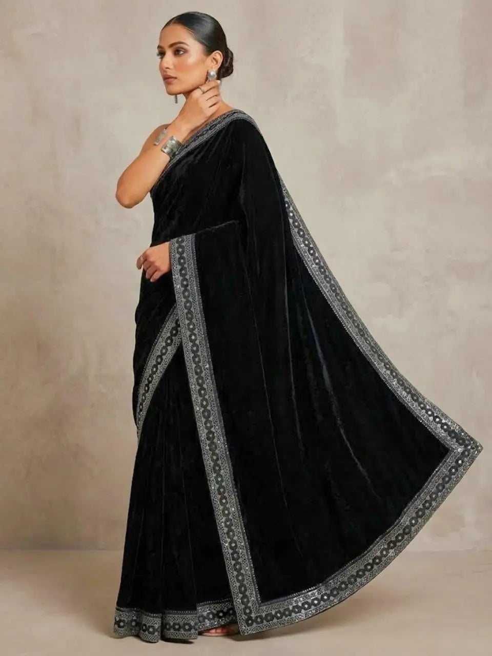 Velvet Saree with Dual Sequins Embroidered Border