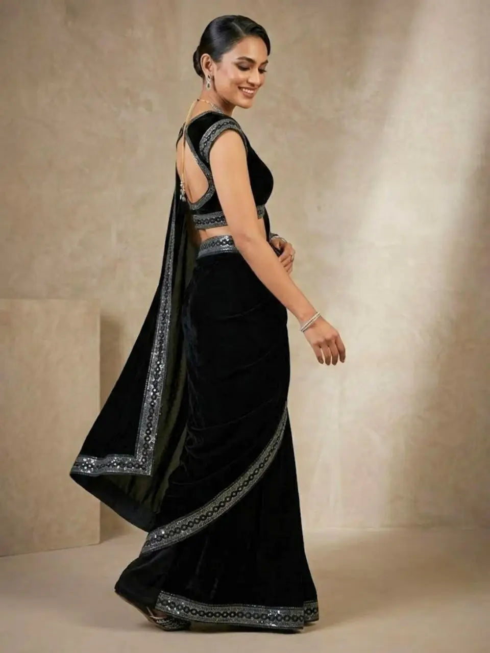 Velvet Saree with Dual Sequins Embroidered Border