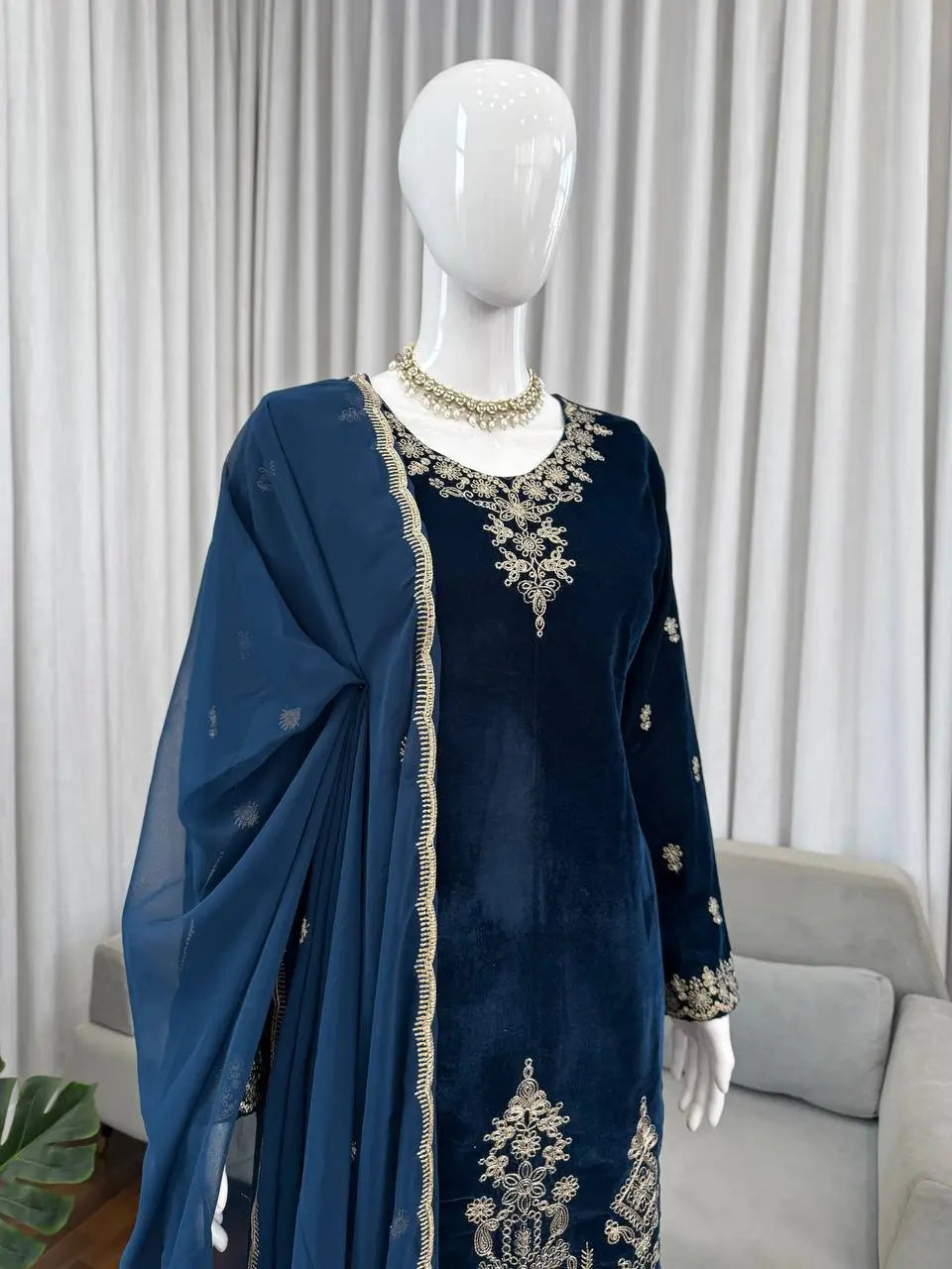 Velvet Thread Embroidered Suit Set with Dupatta