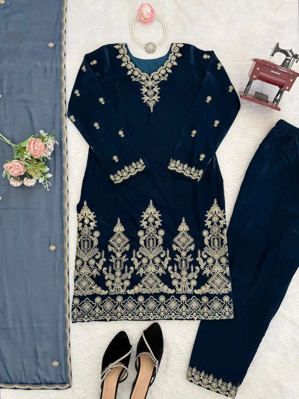 Velvet Thread Embroidered Suit Set with Dupatta