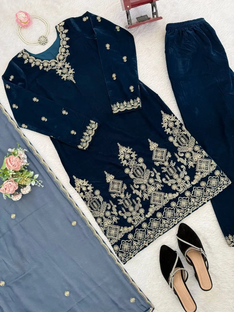Velvet Thread Embroidered Suit Set with Dupatta