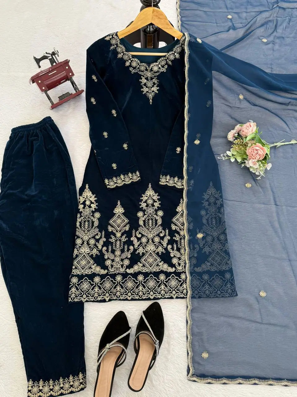 Velvet Thread Embroidered Suit Set with Dupatta
