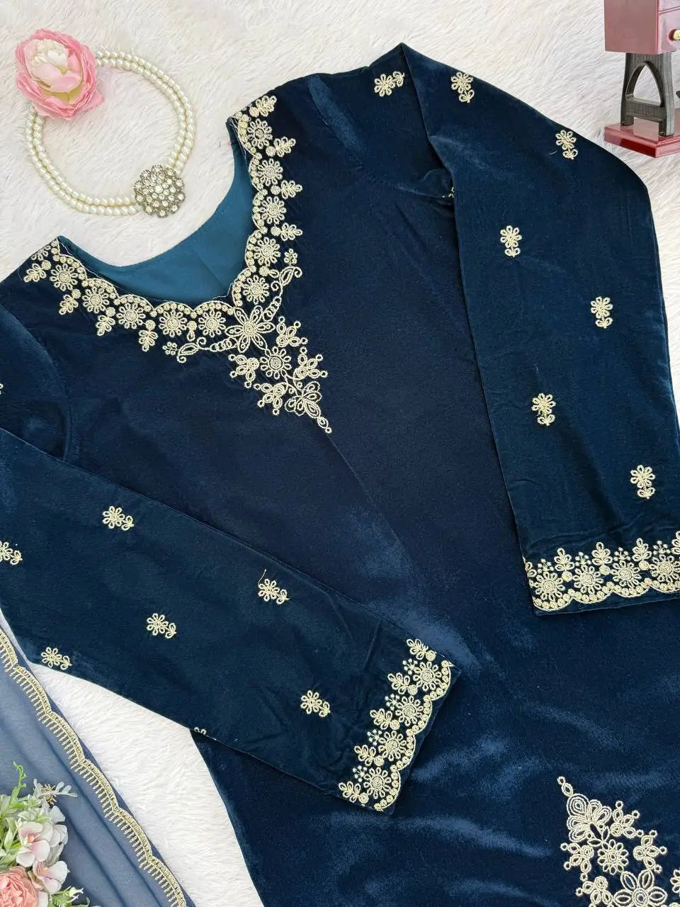 Velvet Thread Embroidered Suit Set with Dupatta