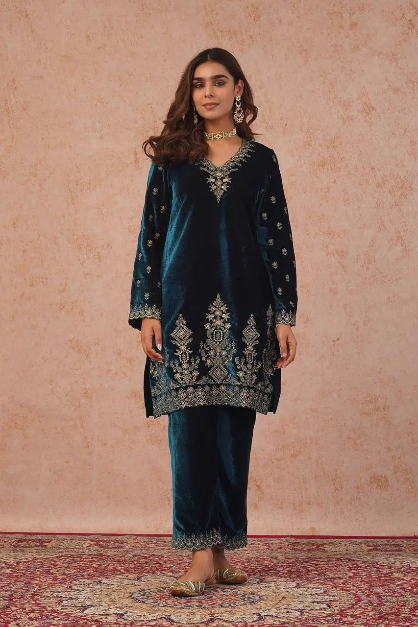 Velvet Thread Embroidered Suit Set with Dupatta
