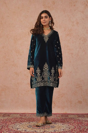 Velvet Thread Embroidered Suit Set with Dupatta