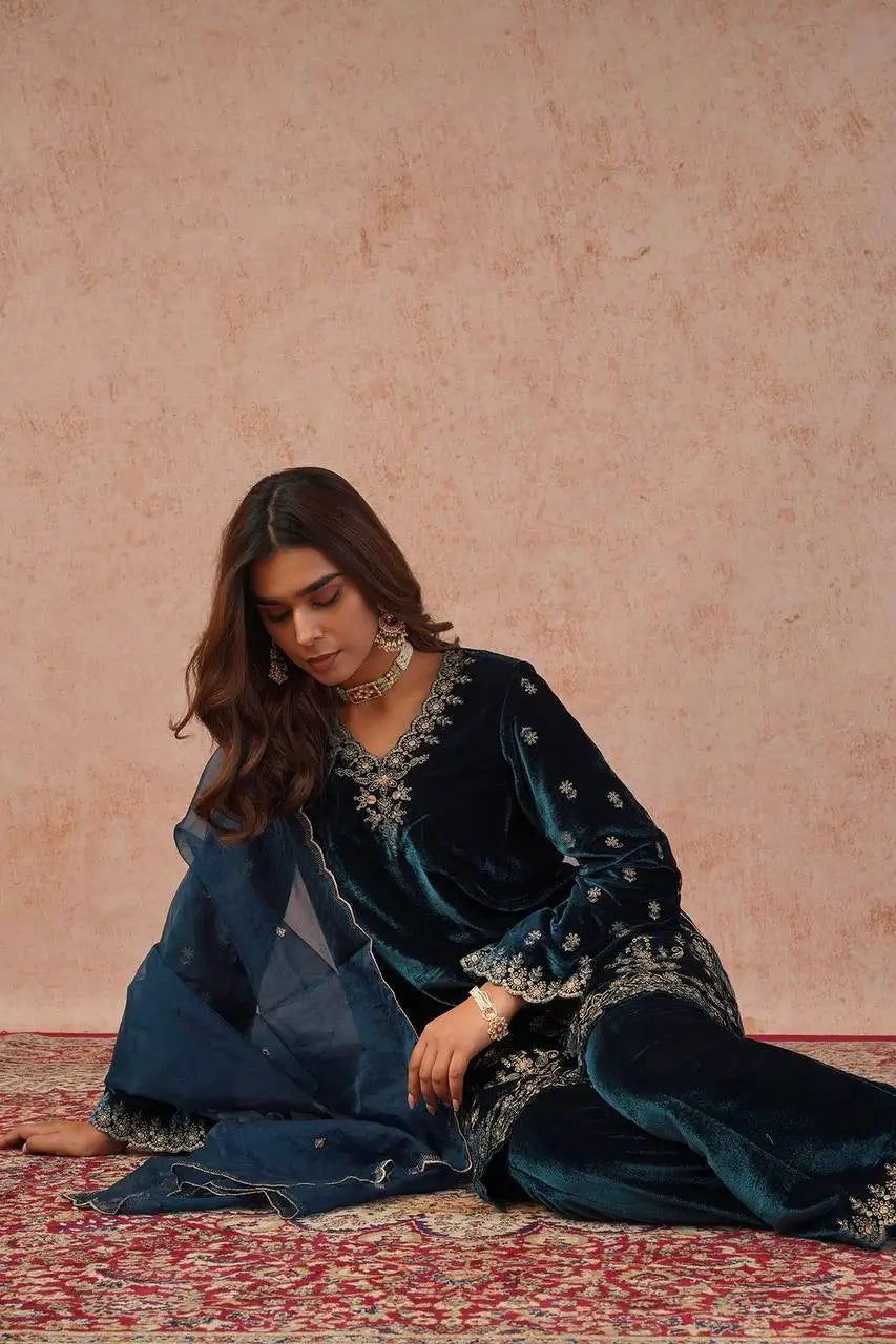 Velvet Thread Embroidered Suit Set with Dupatta