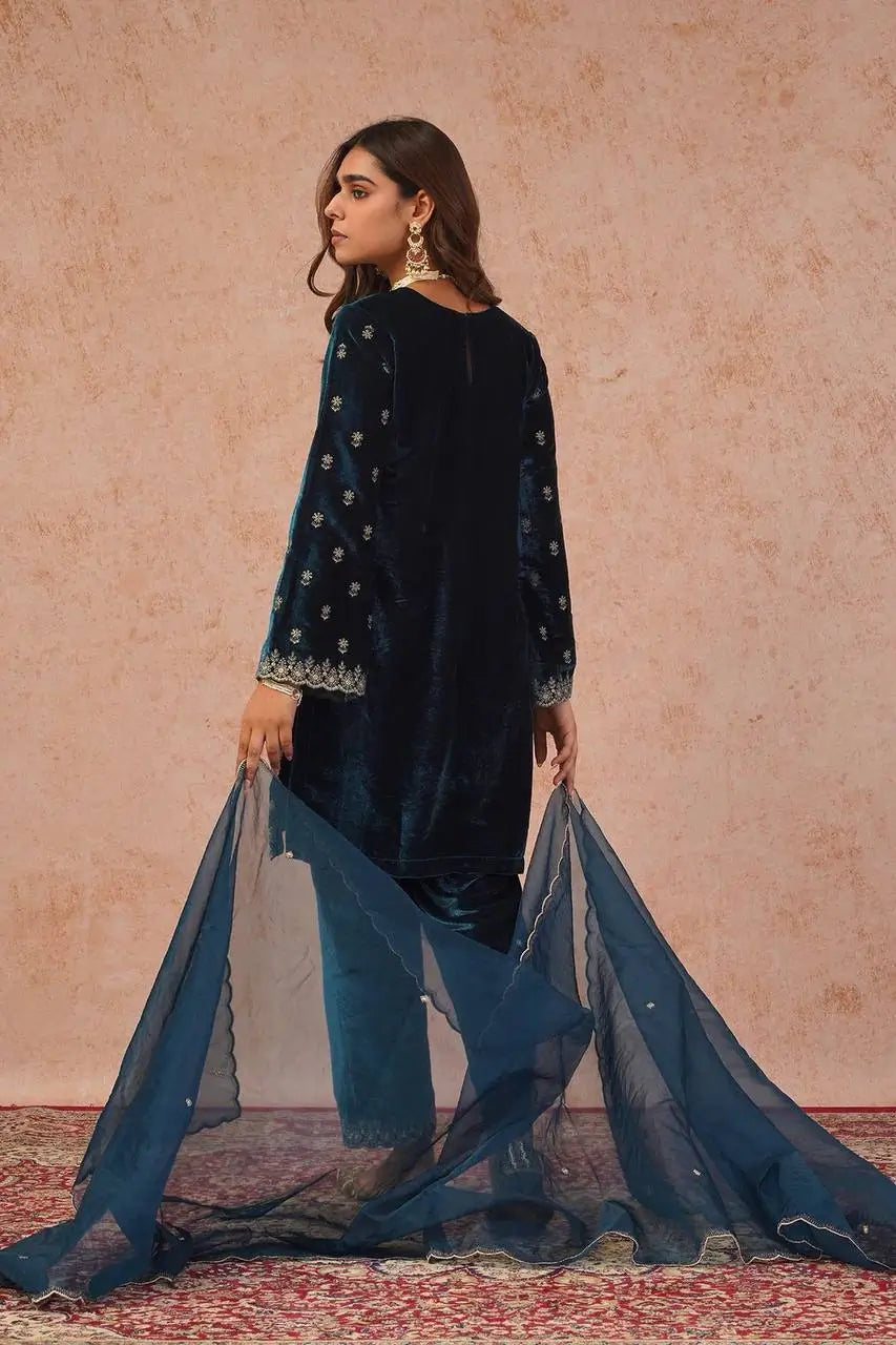 Velvet Thread Embroidered Suit Set with Dupatta