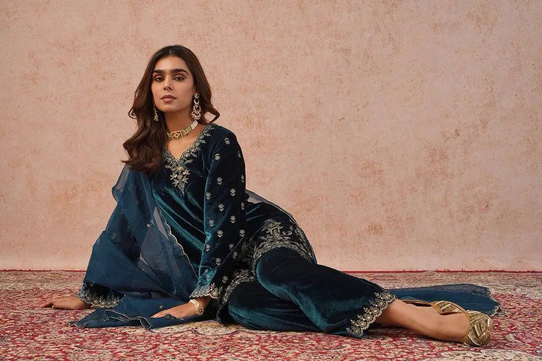Velvet Thread Embroidered Suit Set with Dupatta