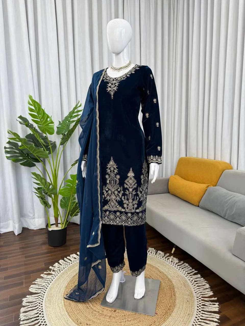 Velvet Thread Embroidered Suit Set with Dupatta