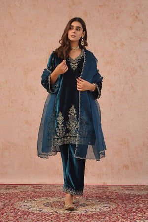 Velvet Thread Embroidered Suit Set with Dupatta