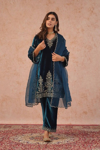 Velvet Thread Embroidered Suit Set with Dupatta
