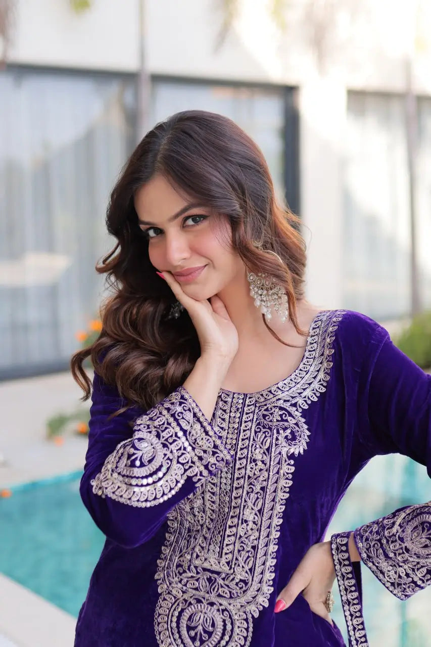 Velvet Zari Embroidered Kurta Pant Set With Batwa