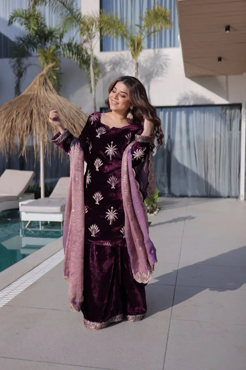 Velvet Zari Embroidered Palazzo Suit Set